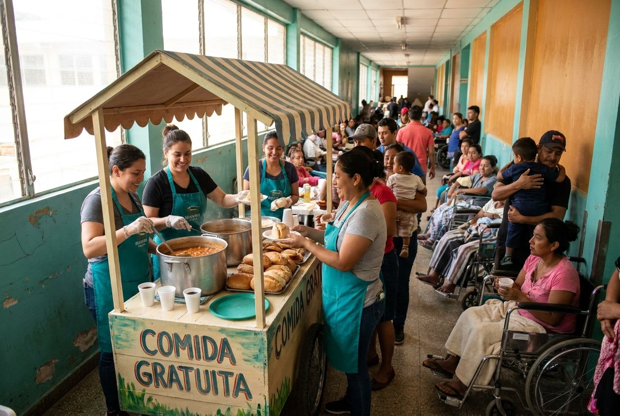 Carrito de comida regalada repartiendo comida gratis a las familias de los pacientes